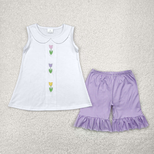 purple white sleeveless flower embroidery set