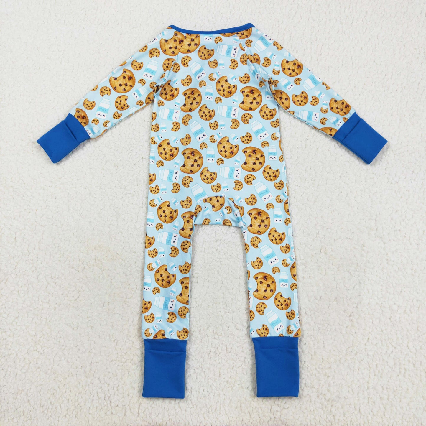 milk biscuit blue Christmas cookies print girl zip sleeper