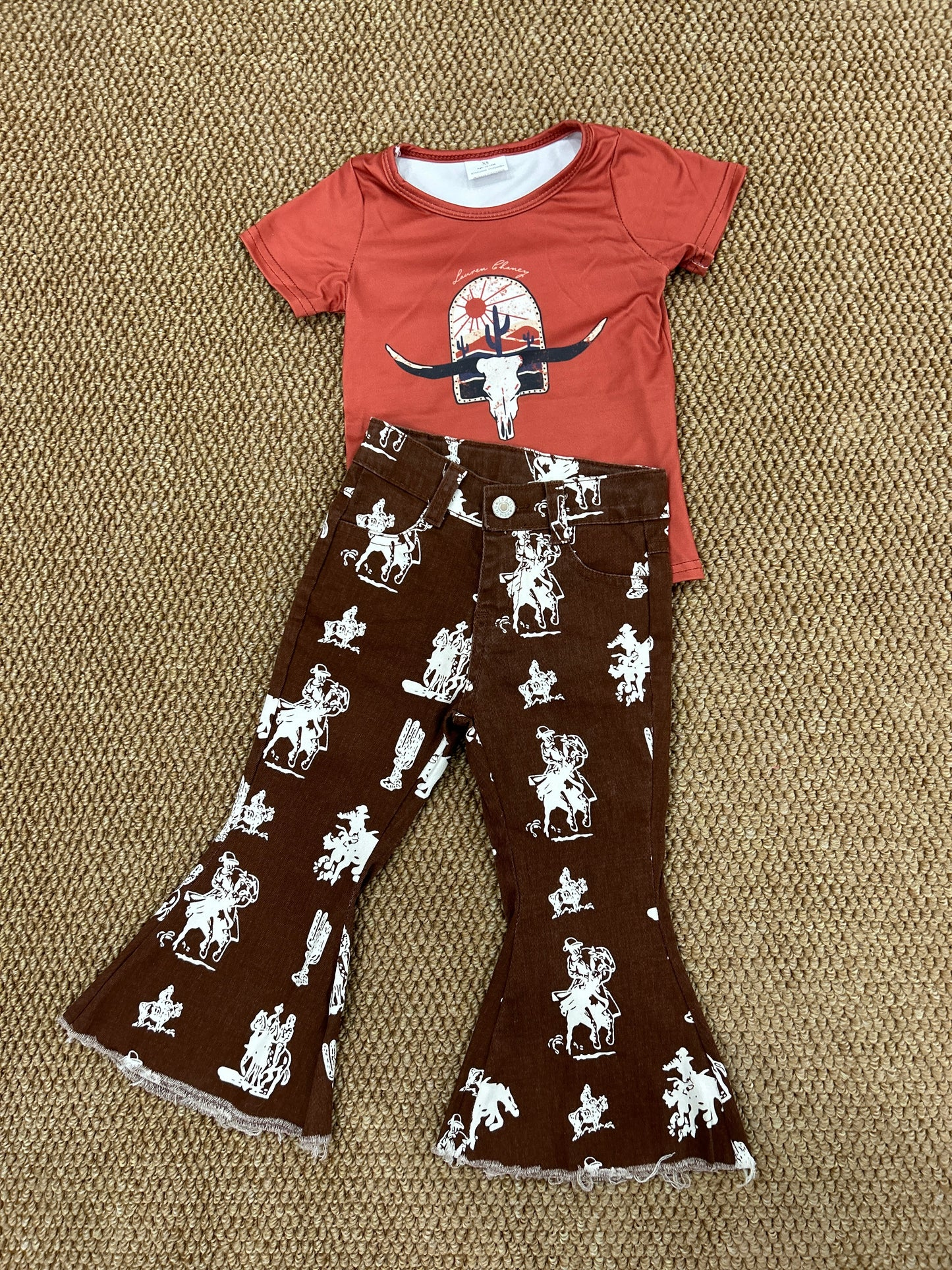 Cow Skull Top Rodeo Brown Denim Bell Jeans Girls Clothes Set