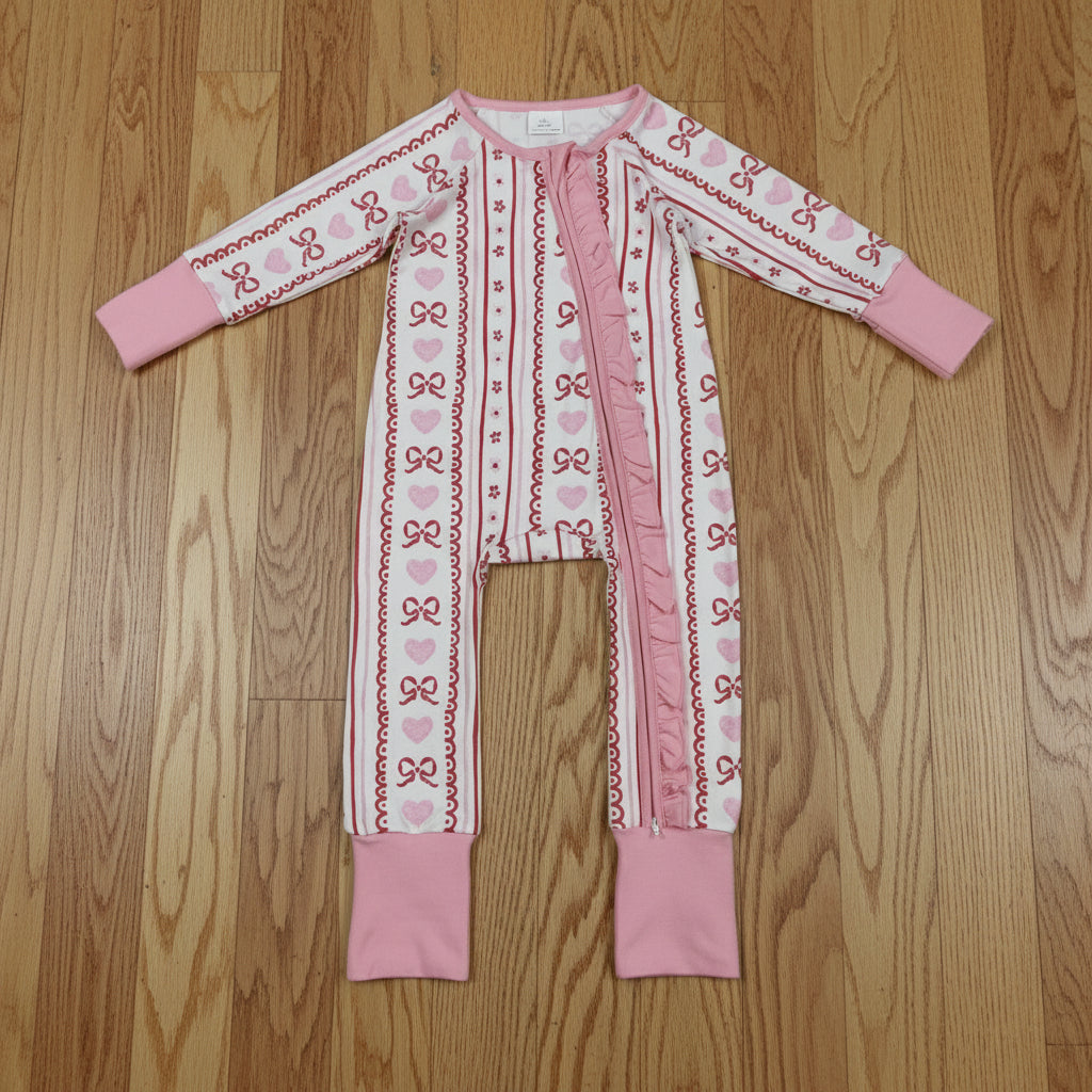 pink heart bow valentine girl zipper sleeper
