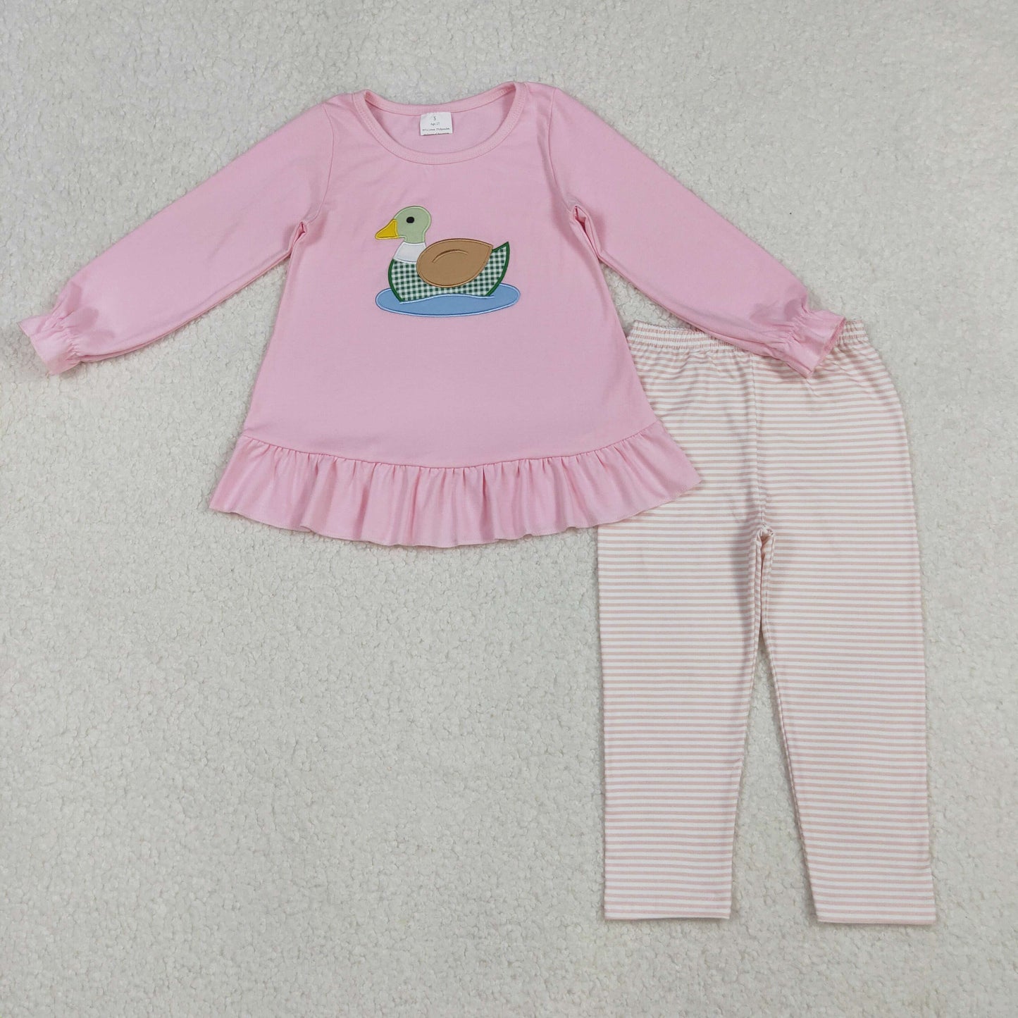 pink duck embroidery stripes legging set fall girls outfit