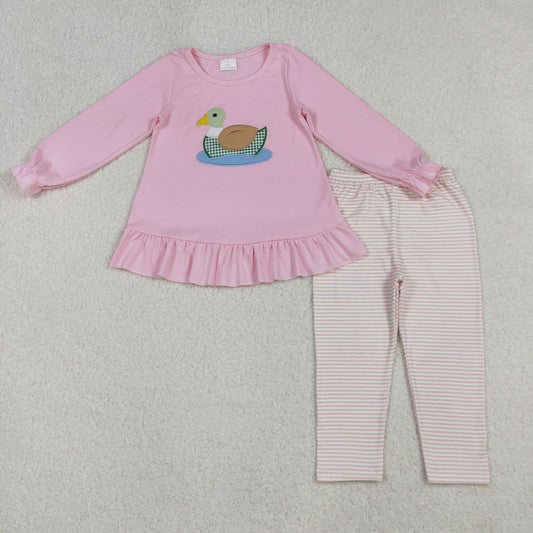 pink duck embroidery stripes legging set fall girls outfit