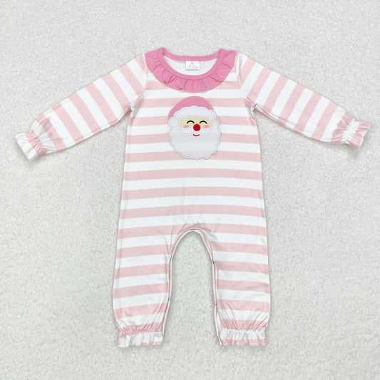 baby girl pink stripe santa claus embroidered romper