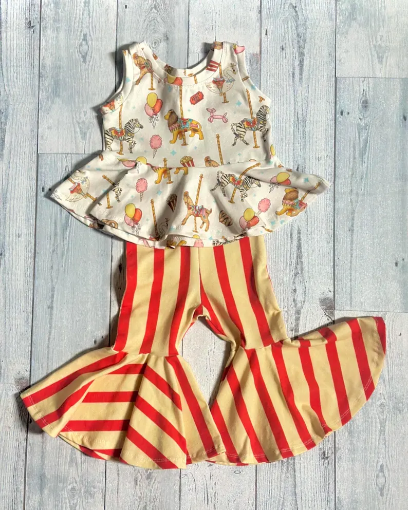 MOQ 5 TAT 6-8 weeks Circus Theme Bell Bottom Pants and Peplum Girls Outfit