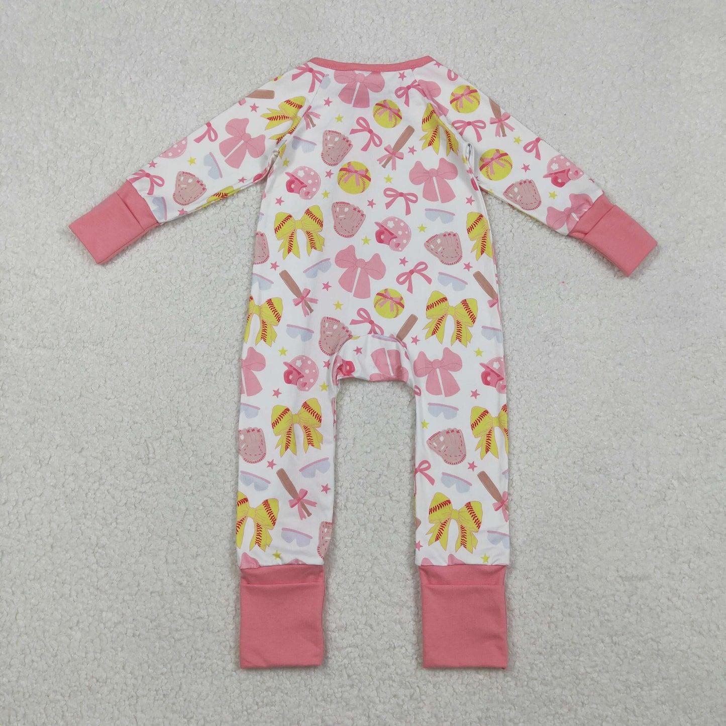 pink bow baseball infant girl zipper sleeper