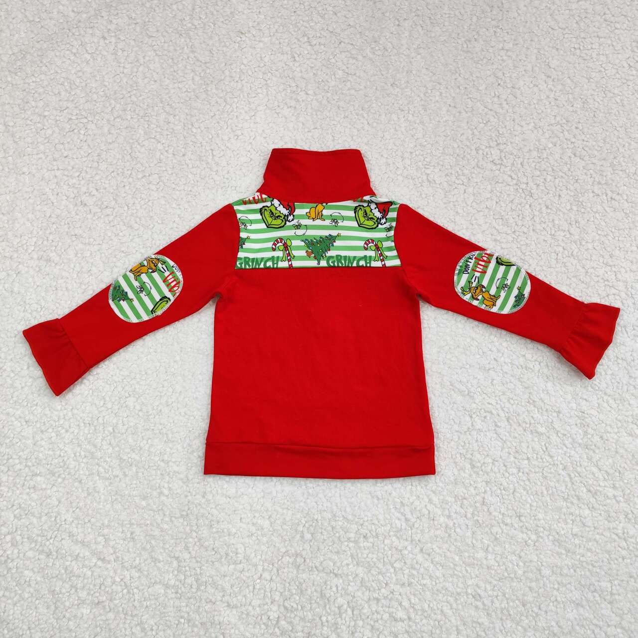 girl Christmas grinchey vibes red ruffle zip pullover top