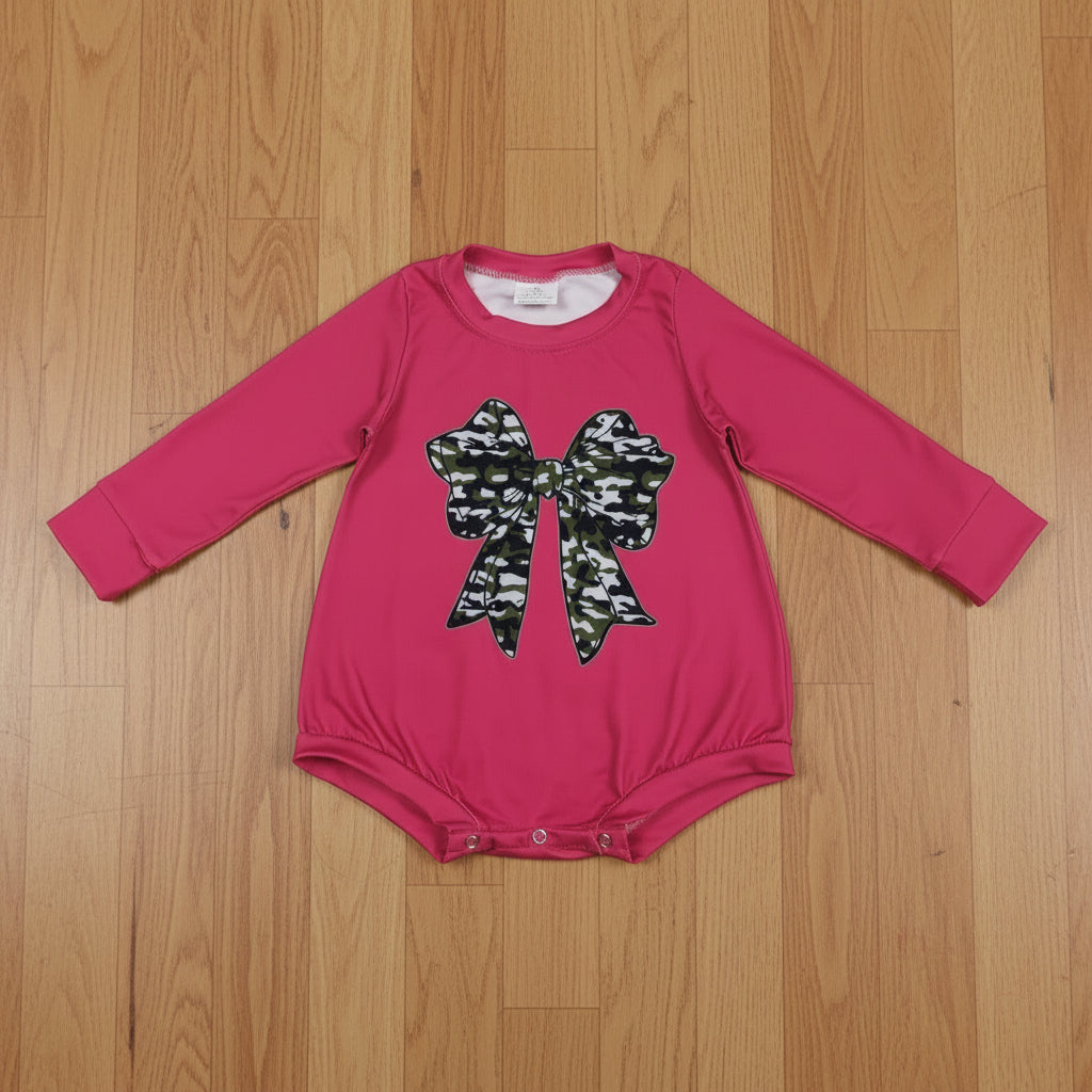 camo coquette hot pink long sleeve romper