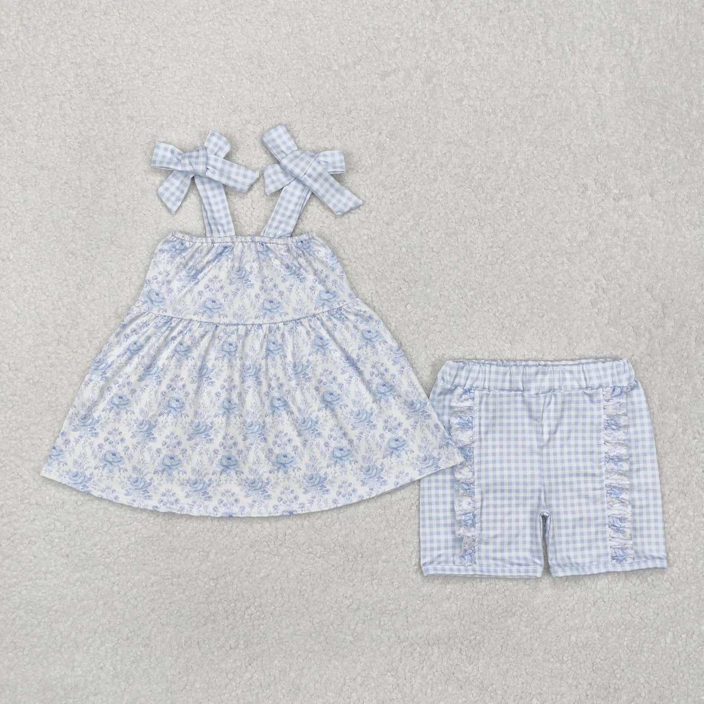 blue flower print strap shorts set