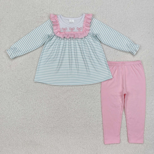 stripes and solid pink bows legging outfit girls clothes