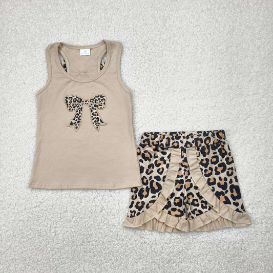leopard bow embroidery girl tank set
