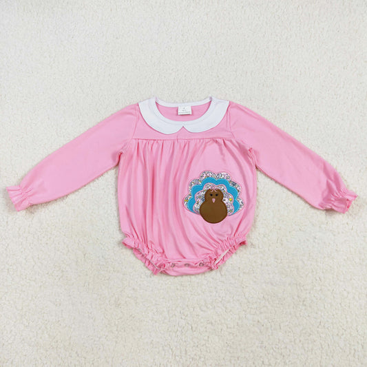 Thanksgiving day cotton pink turkey embroidery baby girl bubble