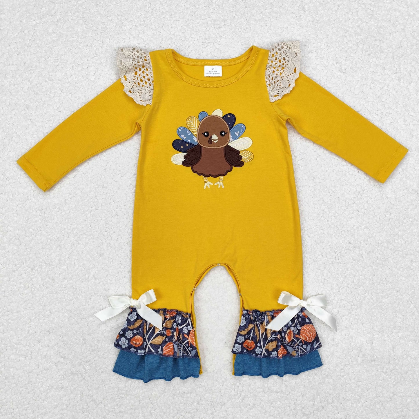 turkey embroidery baby girl ruffle romper