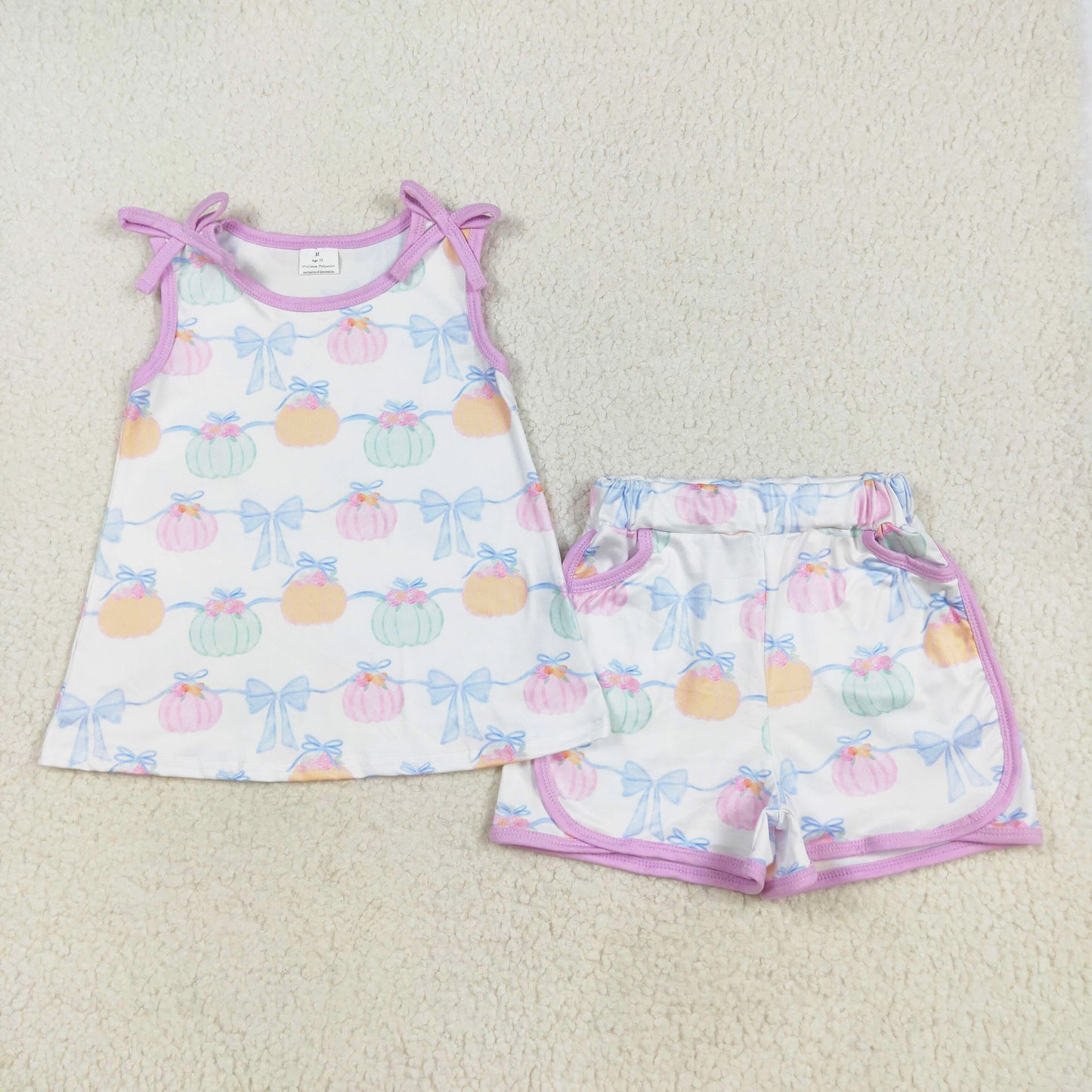 sleeveless pink pimpkin bow print shorts set