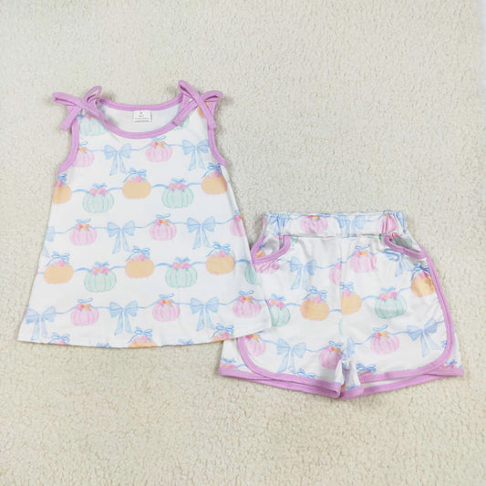 sleeveless pink pimpkin bow print shorts set