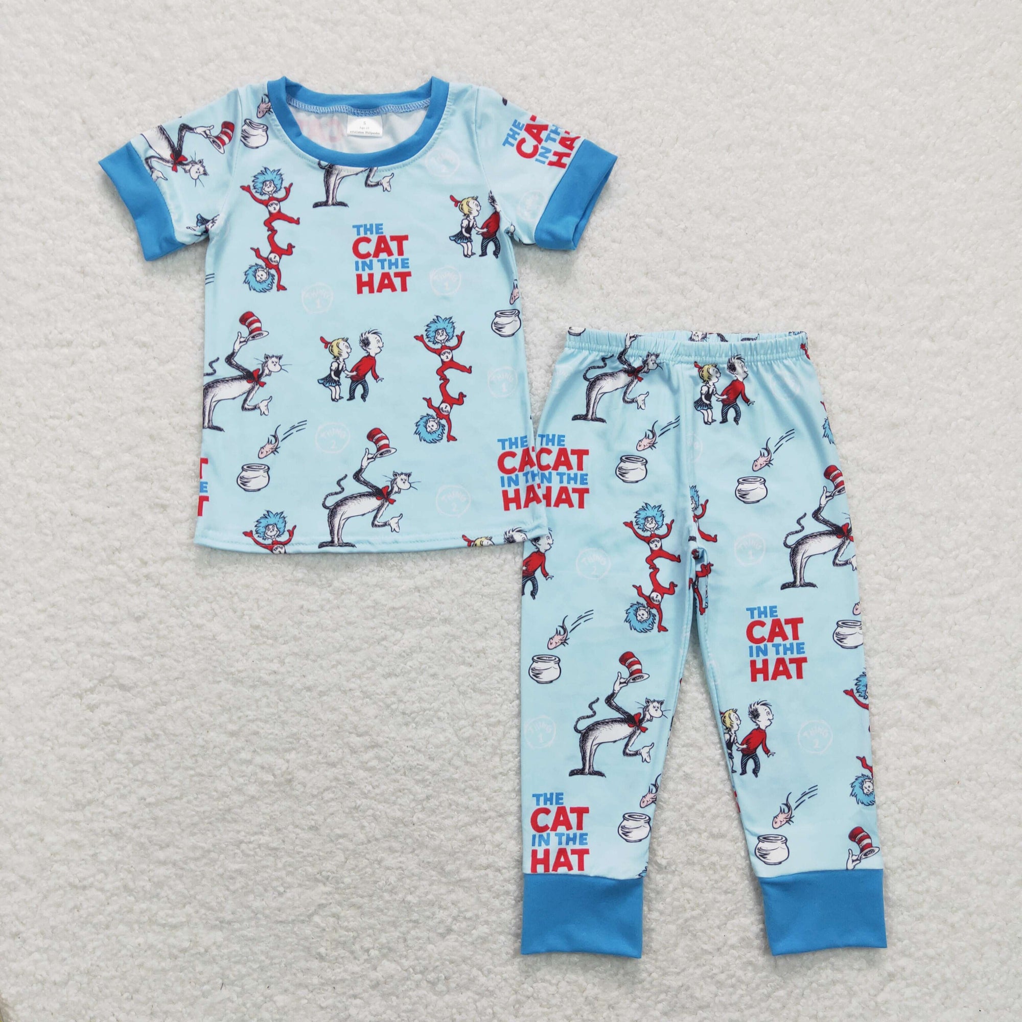 boy blue short sleeve cat in hat pajama set