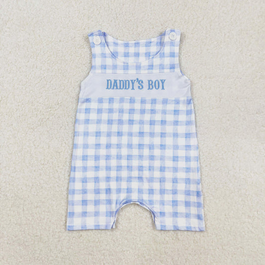 blue plaid daddy's boy embroidery tank romper