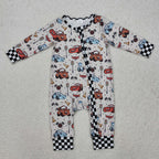 cartoon car print long sleeve zip romper