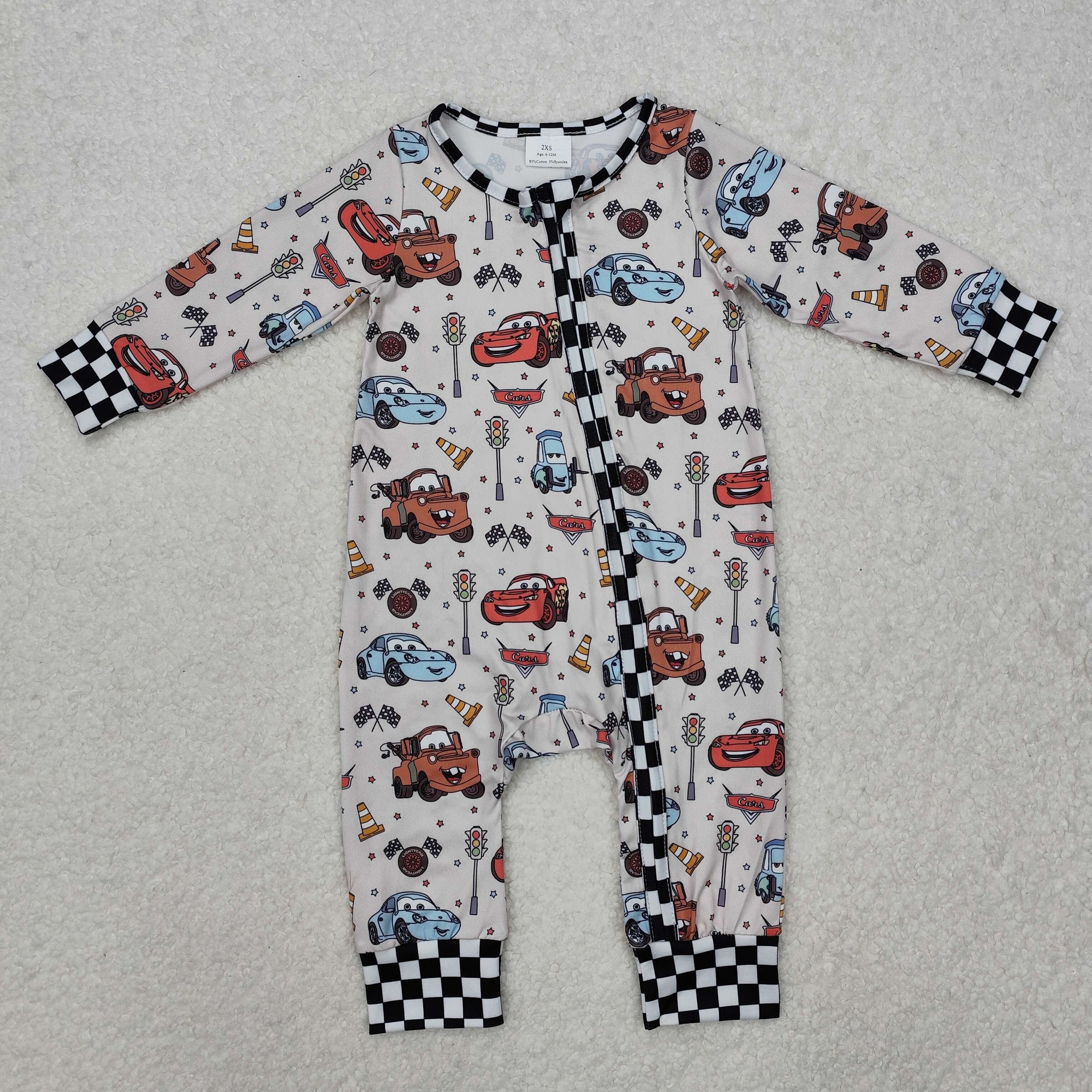 cartoon car print long sleeve zip romper