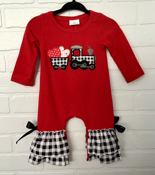 girl red heart truck embroidery ruffle romper