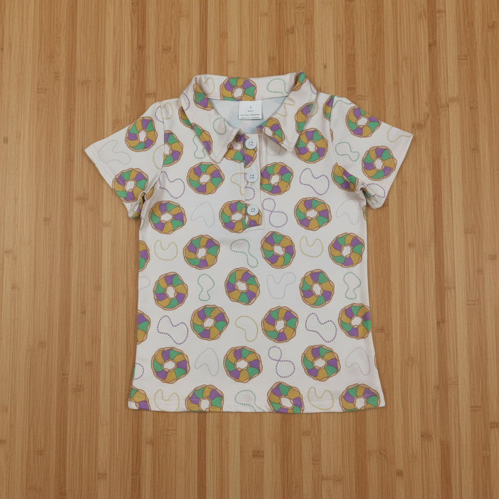 mardi gras king cake button up polo t-shirt