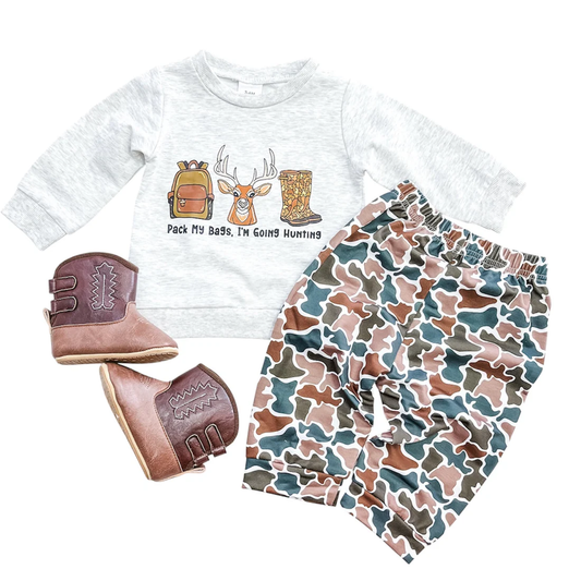 MOQ 5 TAT 6-8 weeks Pack My Bag's I'm Going Hunting Jogger Set