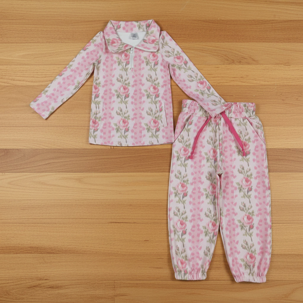 pink flower Athletic zip pullover jogger pants set girl outfit
