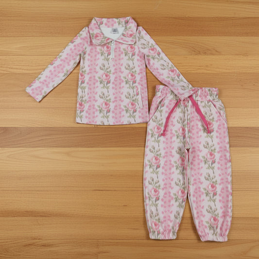 pink flower Athletic zip pullover jogger pants set girl outfit