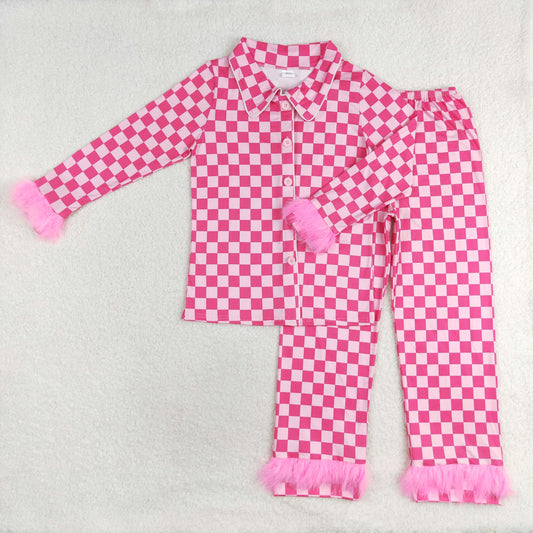 mommy and me adult hot pink checkered button pajama set