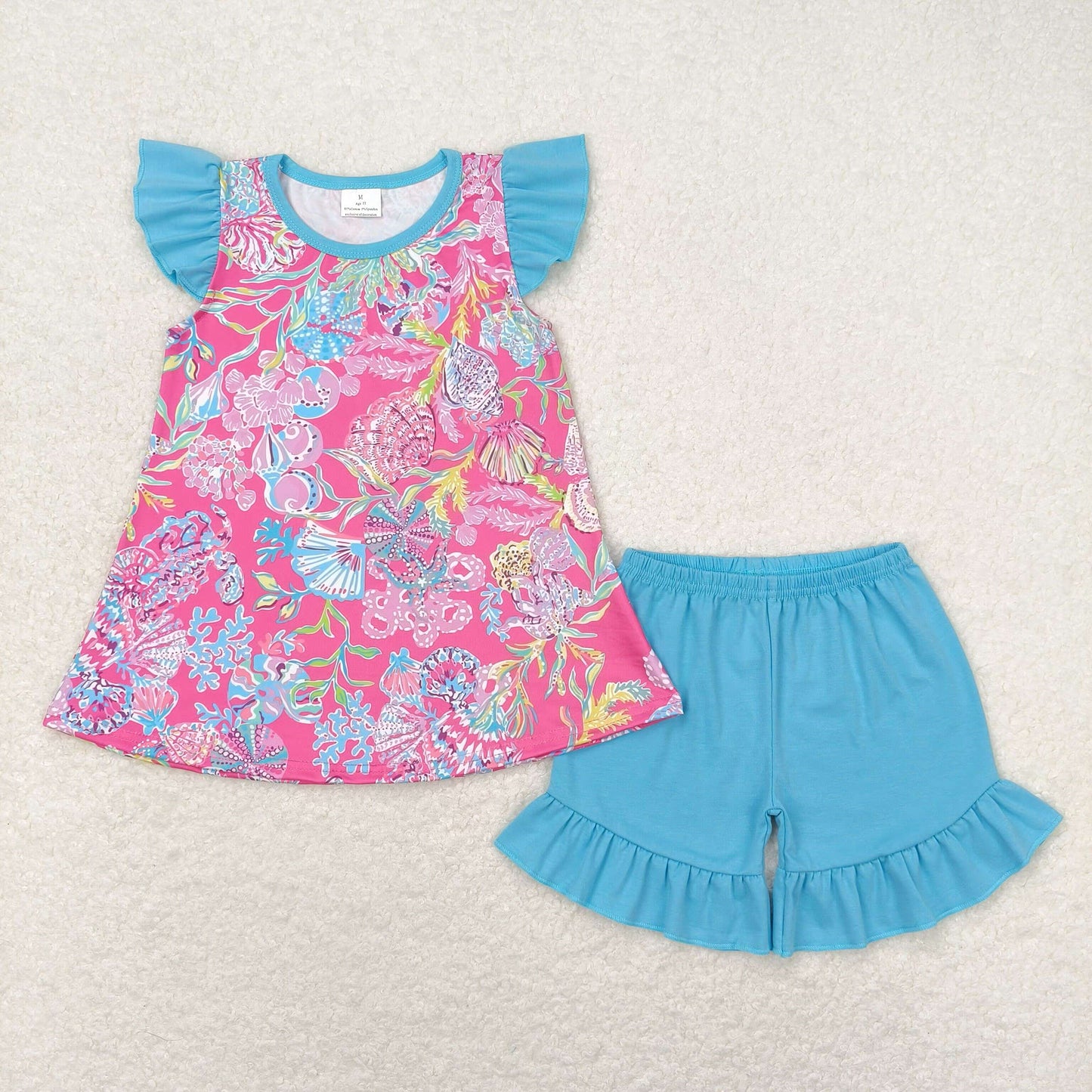 flutter sleeve ocean lily shell pink ruffle shorts set girls summer outfit