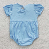 baby girl blue cotton farm embroidery romper with pockets