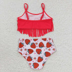 2pieces red tassel strawberry girls swimsuit