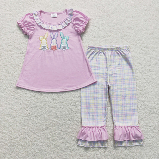 lavender bunny embroidery girl easter ruffle pants set
