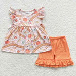 girl back to school pencil hippe flower ruffle shorts set