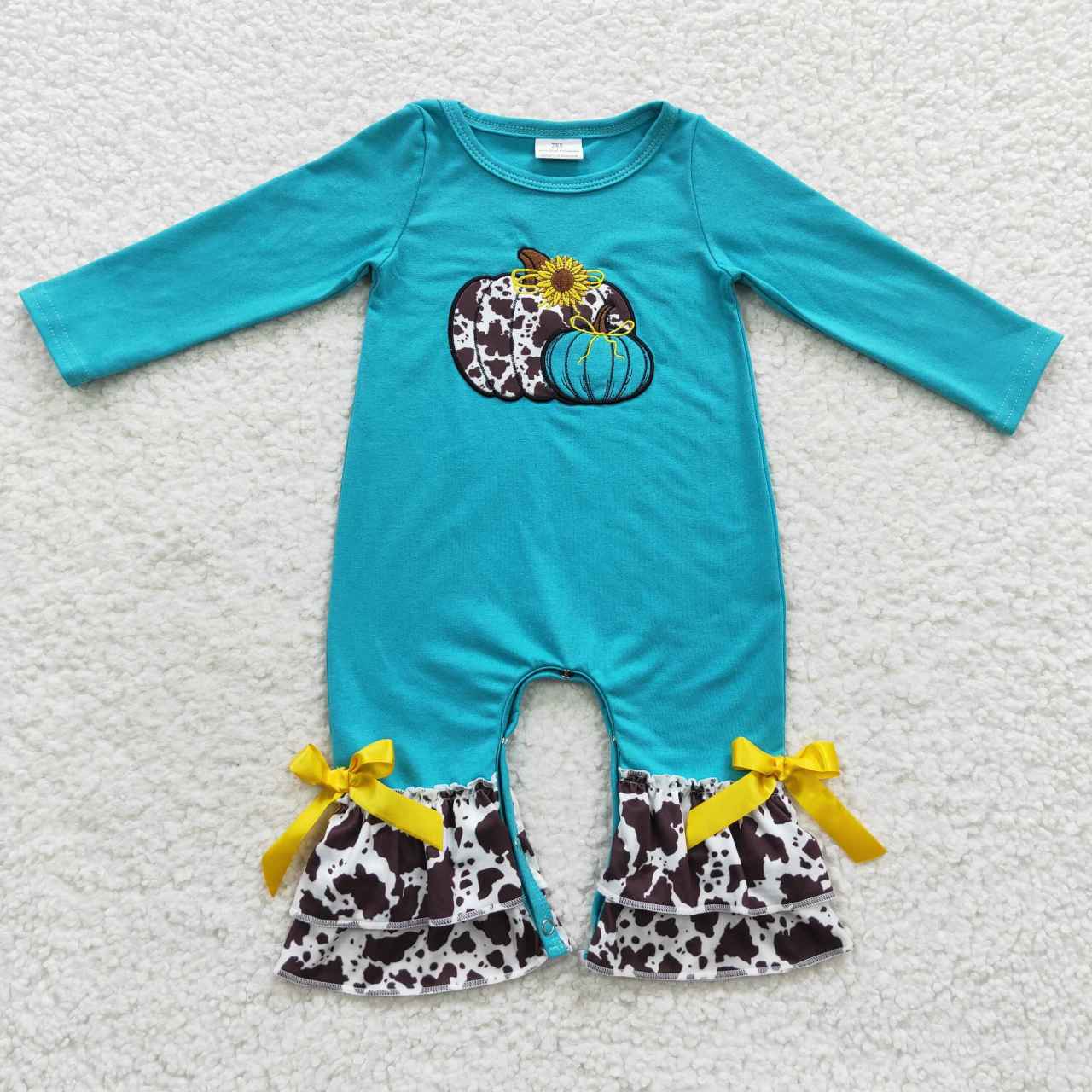 cow print pumpkin embroidery ruffle romper