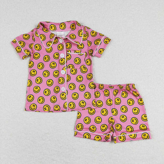 pink smile face girl shorts pajama outfit