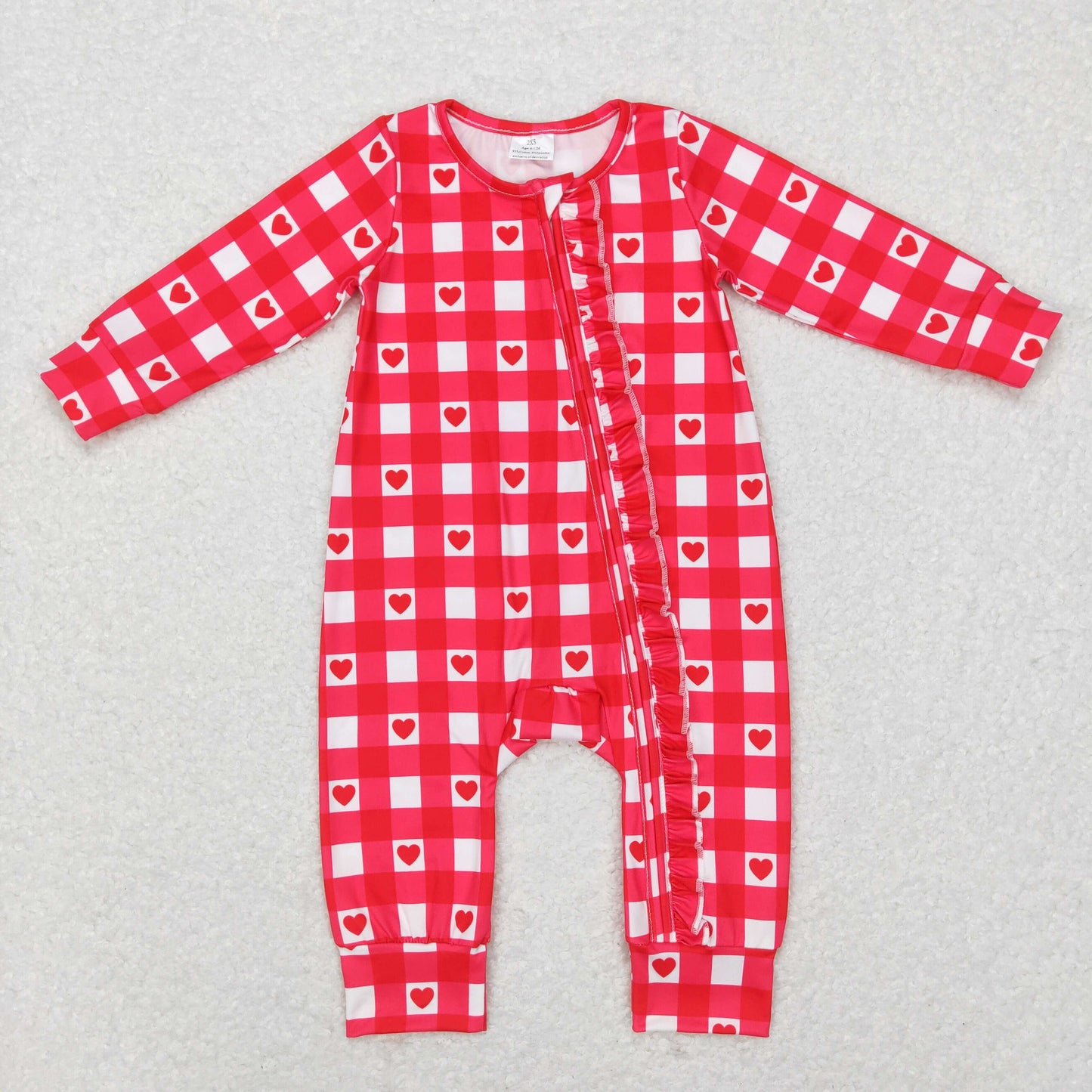 baby girl red valentine heart checkered zip sleeper