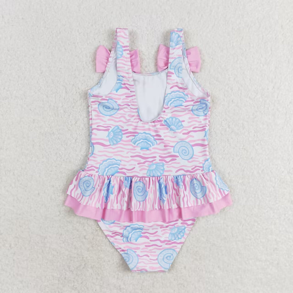 wave shell print pink one piece swimsuit