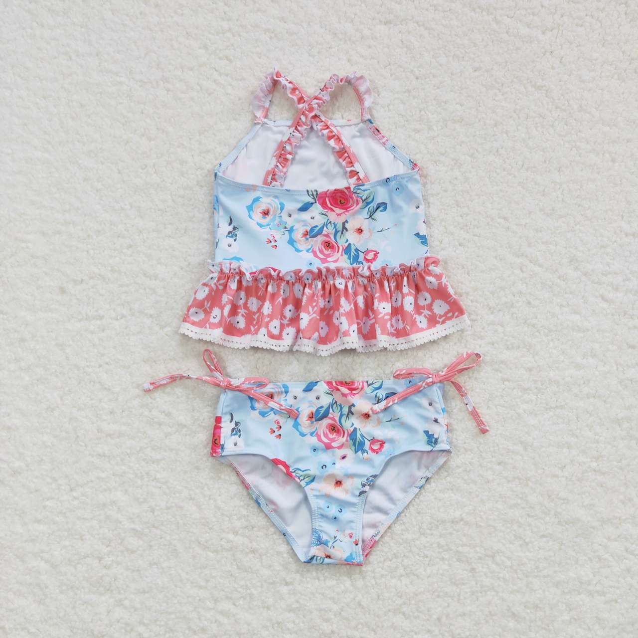 2pieces blue floral cross back swimsuit