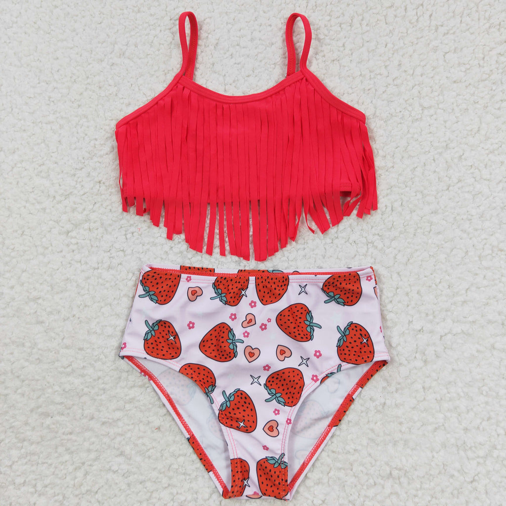 2pieces red tassel strawberry girls swimsuit