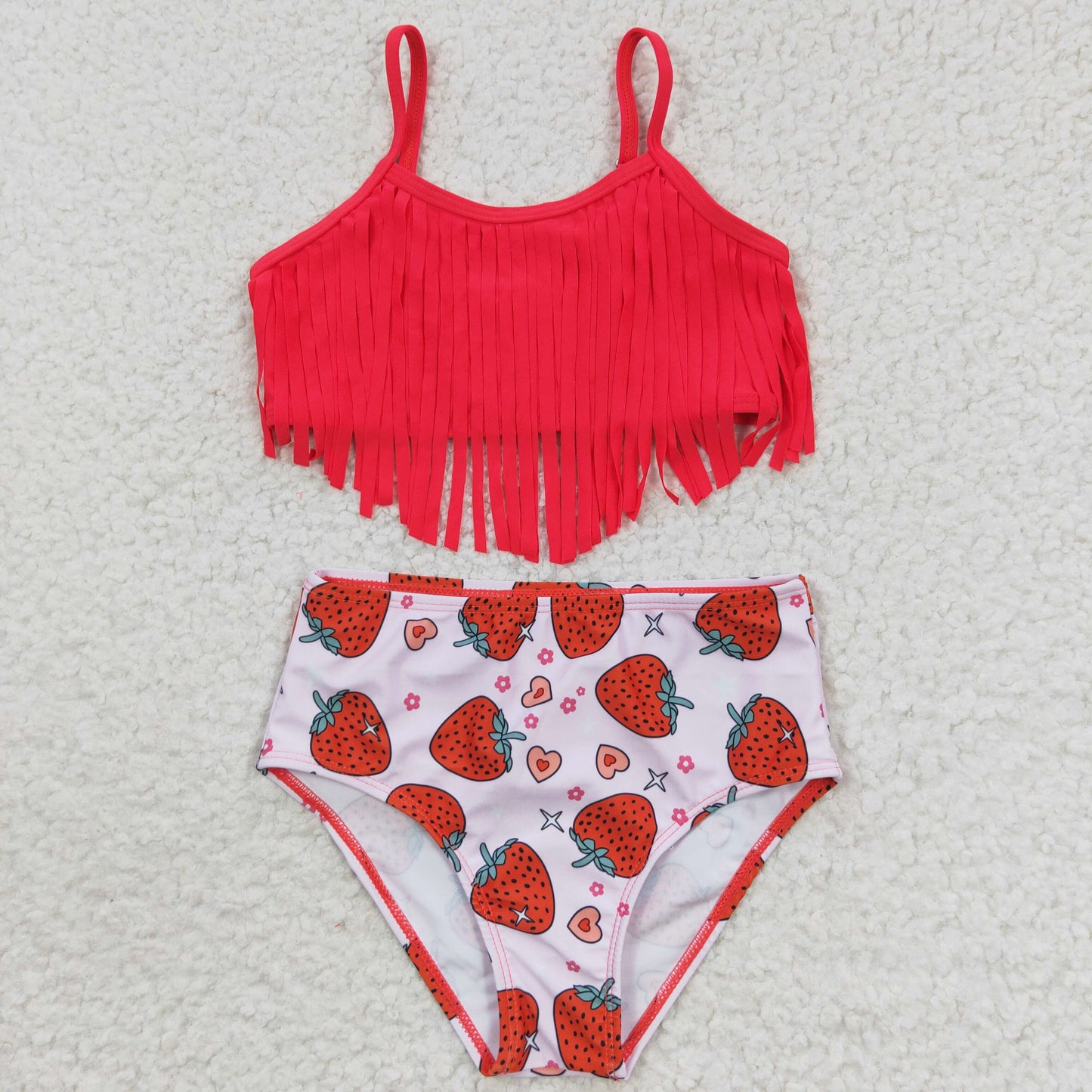 2pieces red tassel strawberry girls swimsuit