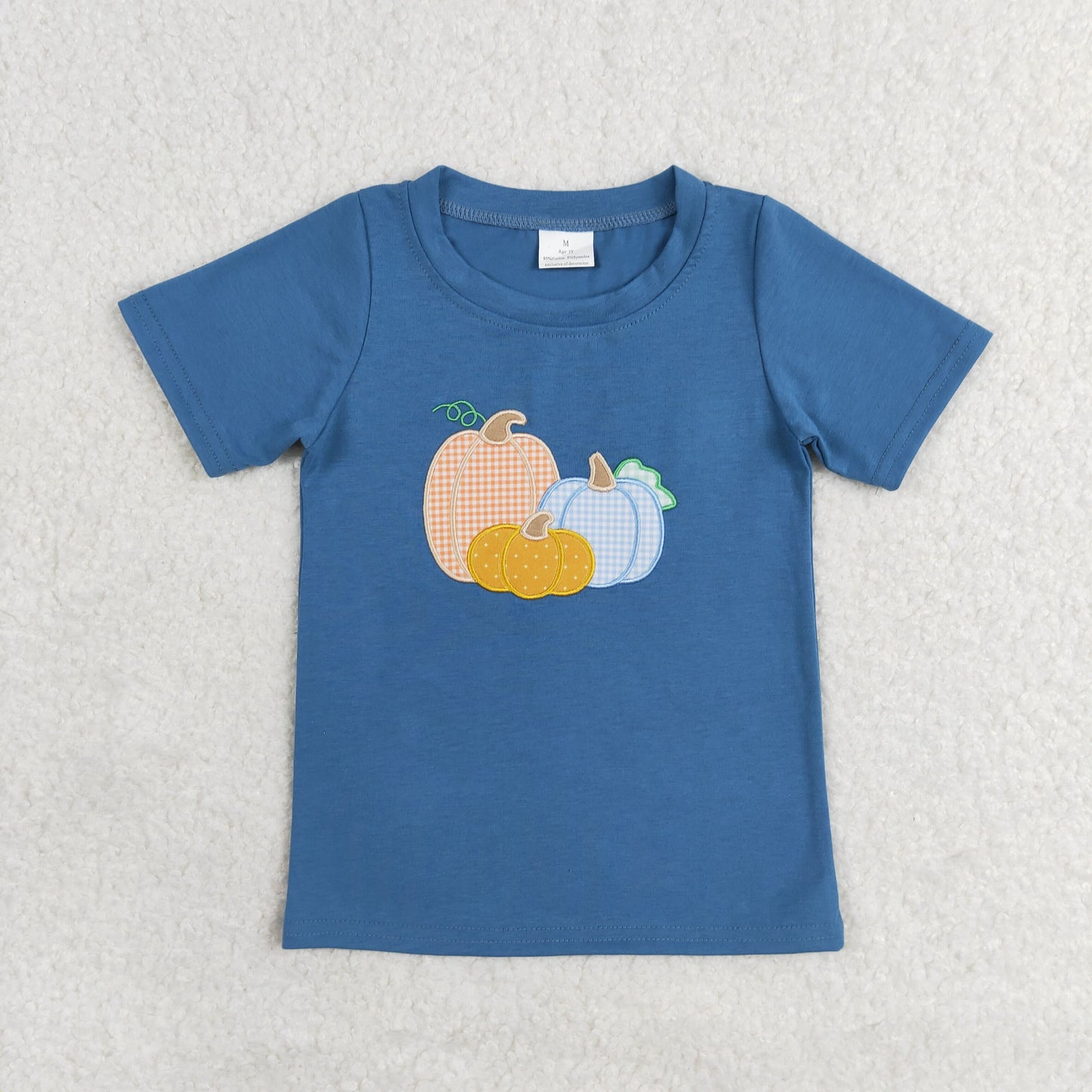 cotton blue pumpkin embroidery boy fall top