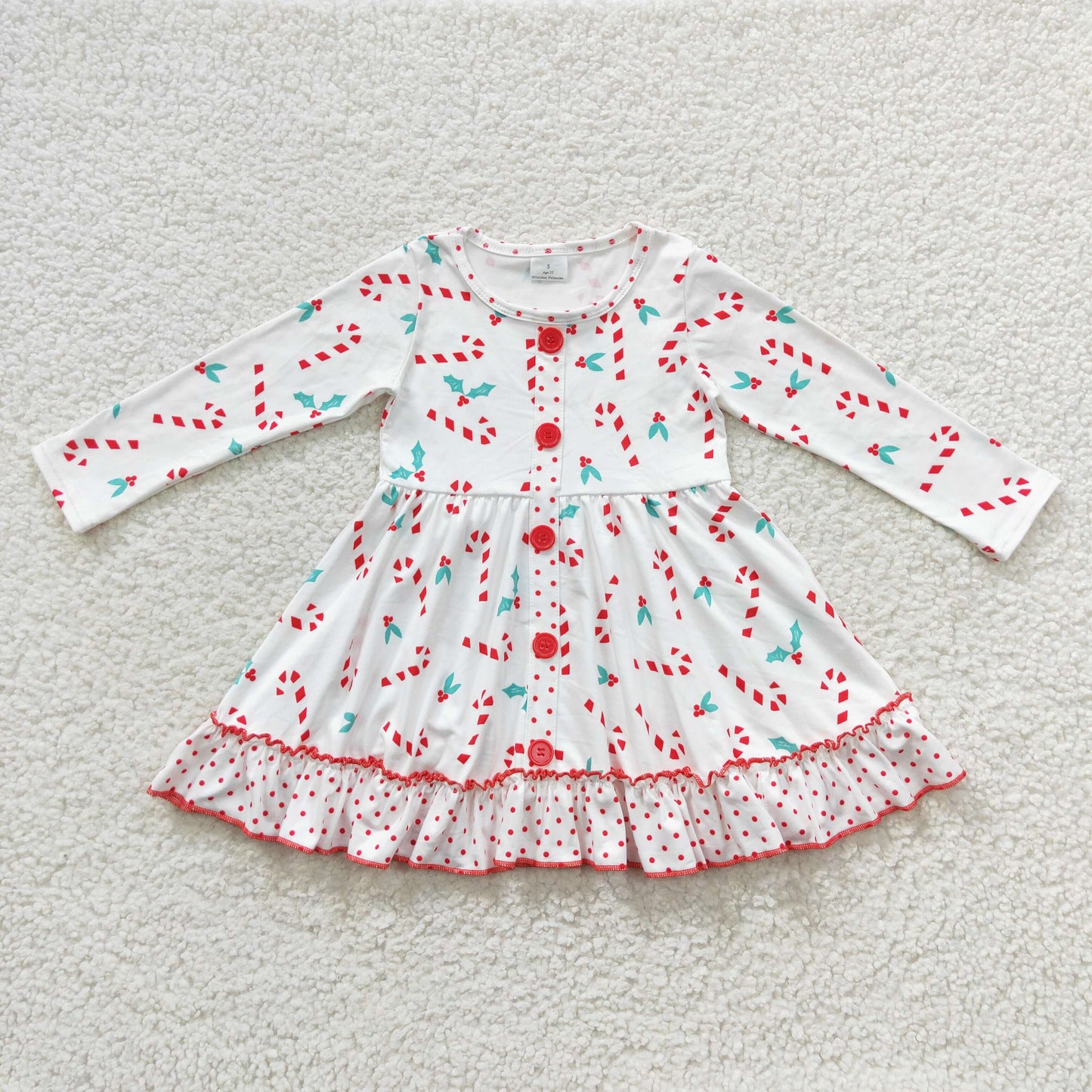 Long sleeve christmas candy cane button ruffle dress