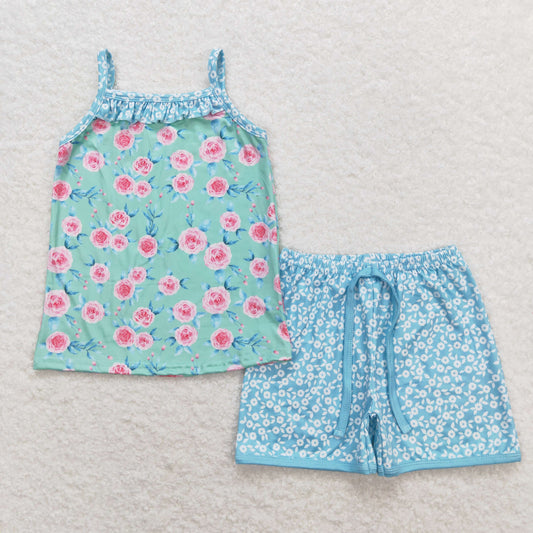 suspender flower shorts set girl summer clothing