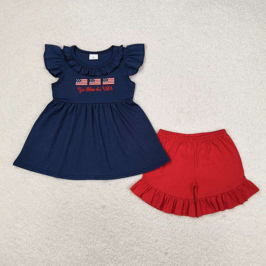 god bless USA flag embroidery 4th of july girl shorts set