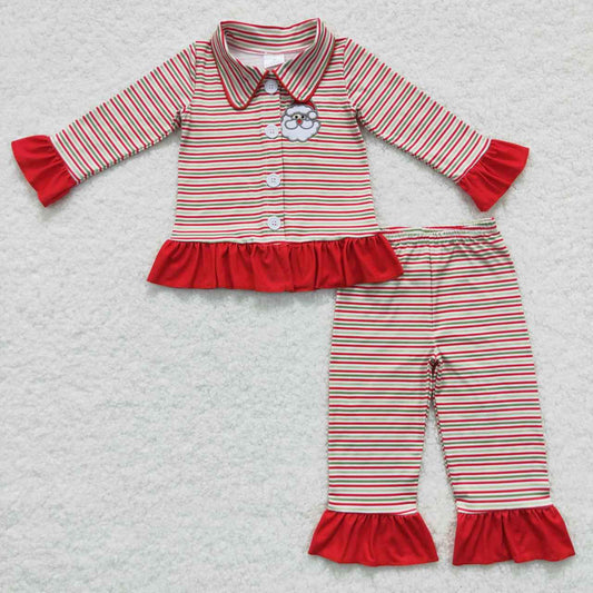 Red green stripe kids girl christmas button pajama with santa embroidery