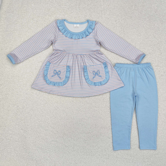 blue stripes legging pants set bow pocket outfit fall girl clothing