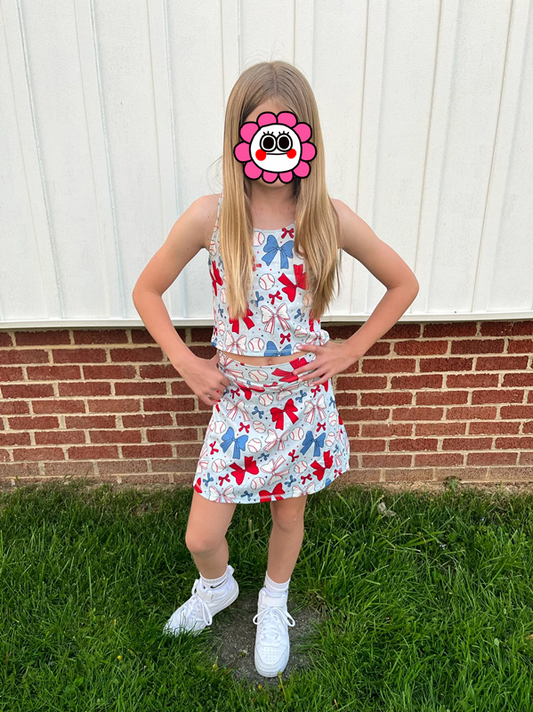 red white blue bow baseball two pieces athletic skort dress set