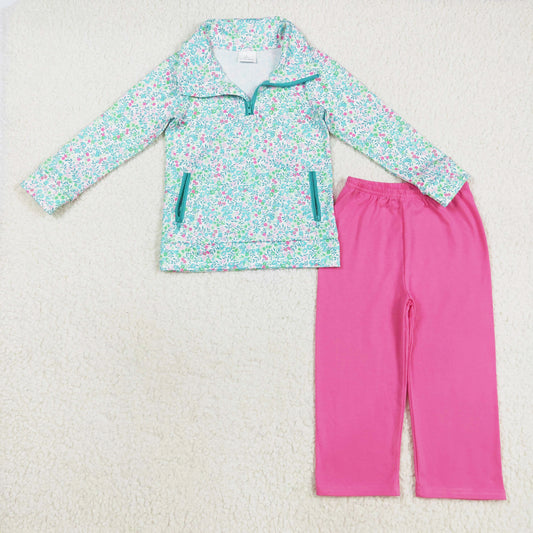 floral zip top pink pants set fall girls outfit