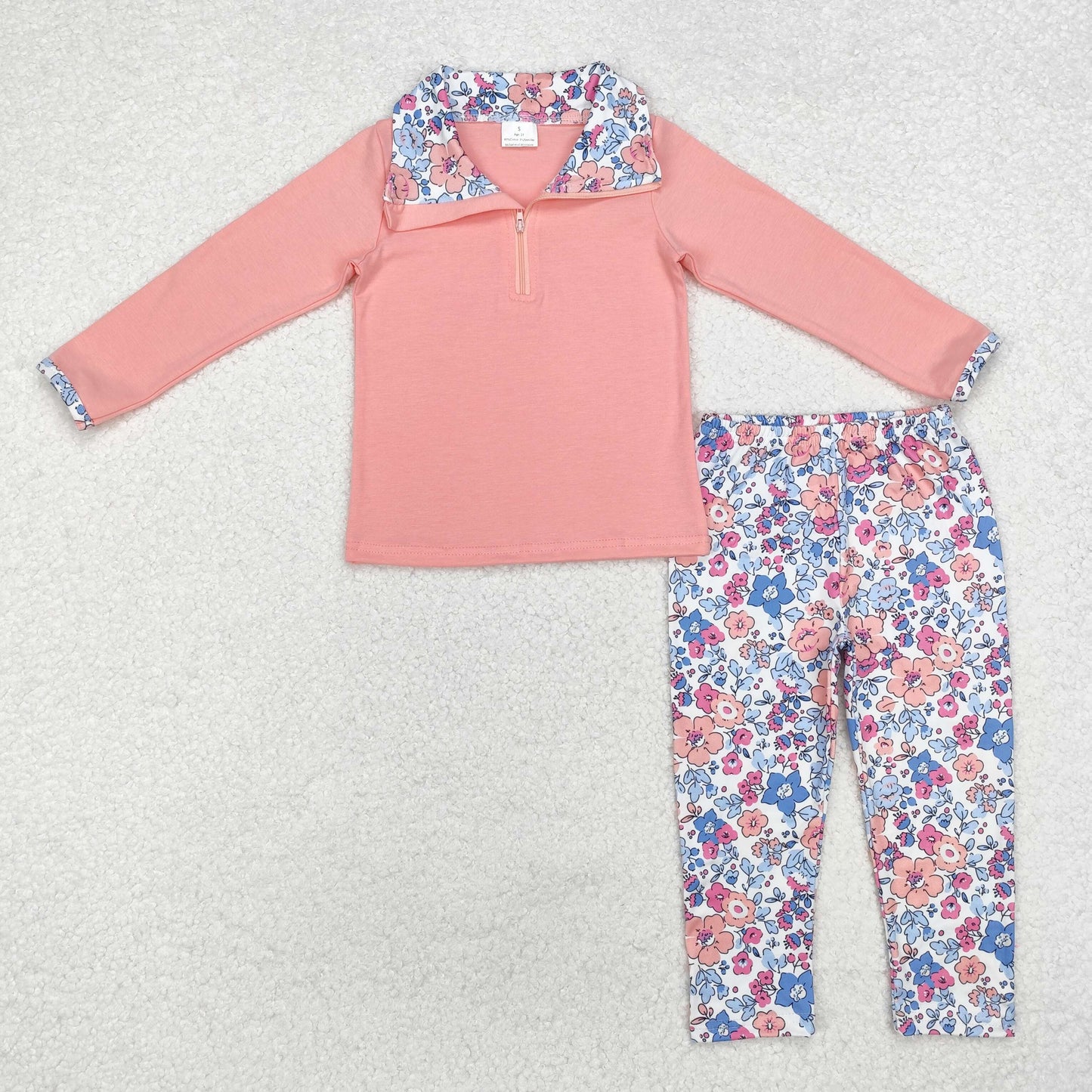 pink zip up shirt floral pants set girl fall outfit