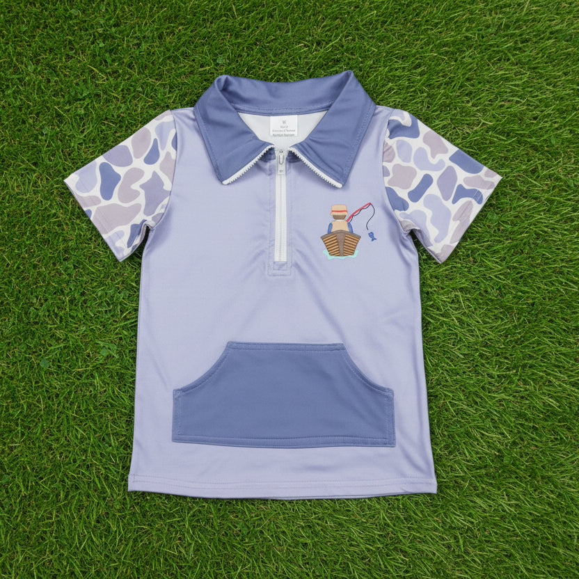 gone fishing print camo zipper pullover polo shirt